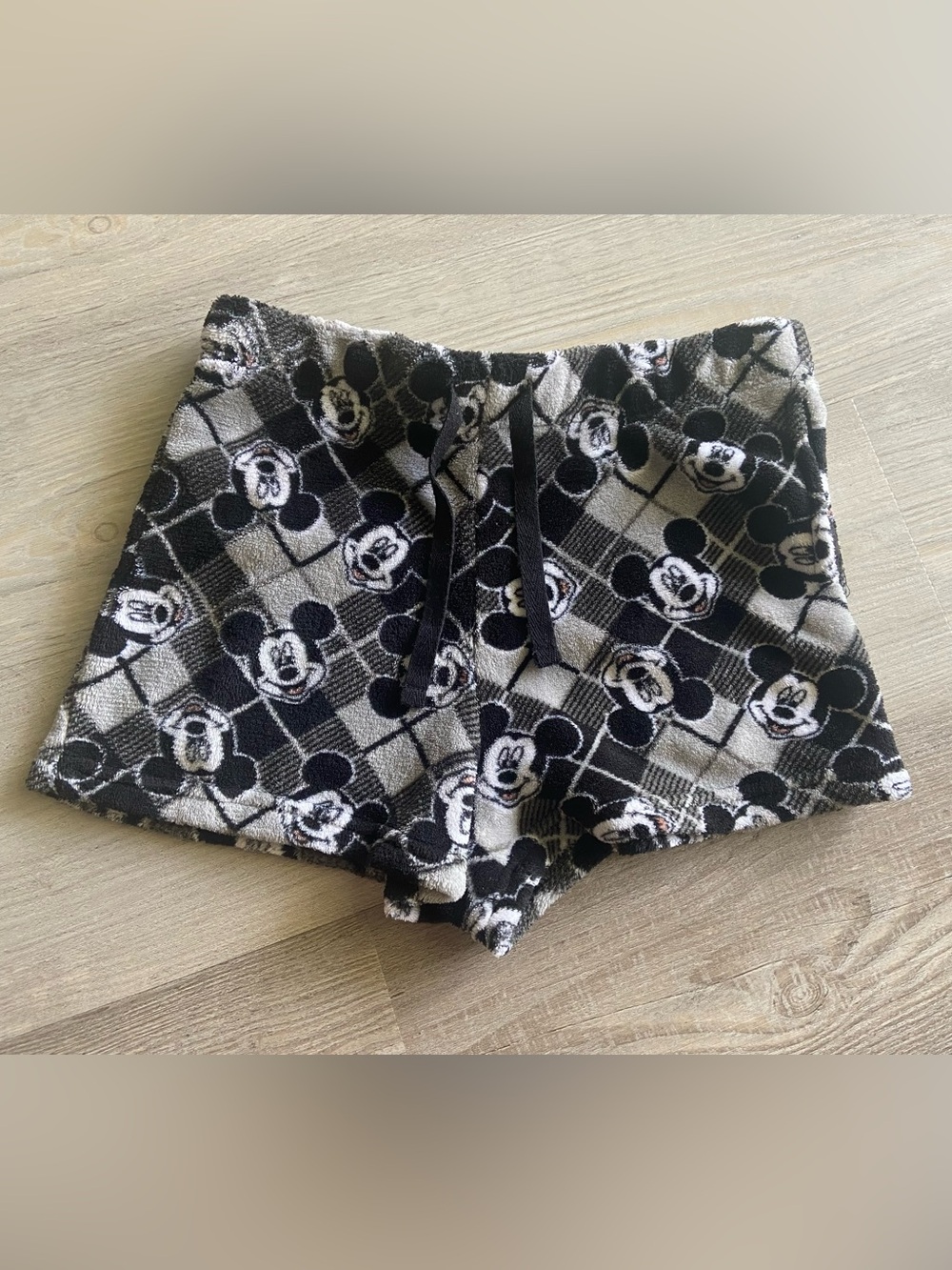 Disney Mickey Mouse Plaid Fleece Sleep Shorts Black Grey Minky Plush Lounge XS